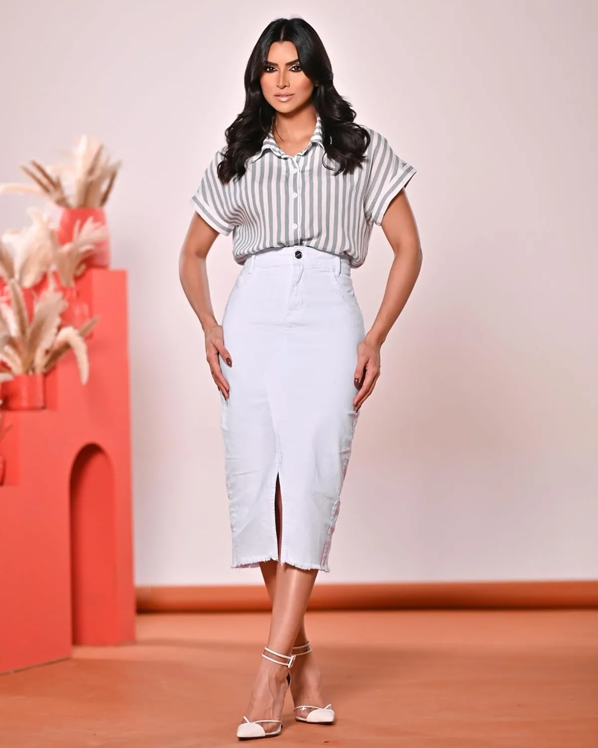 Denim Premium Stretch Skirt Midi High-Waist and Bellow The Knee with Front or Side Slit Regular and Plus Size