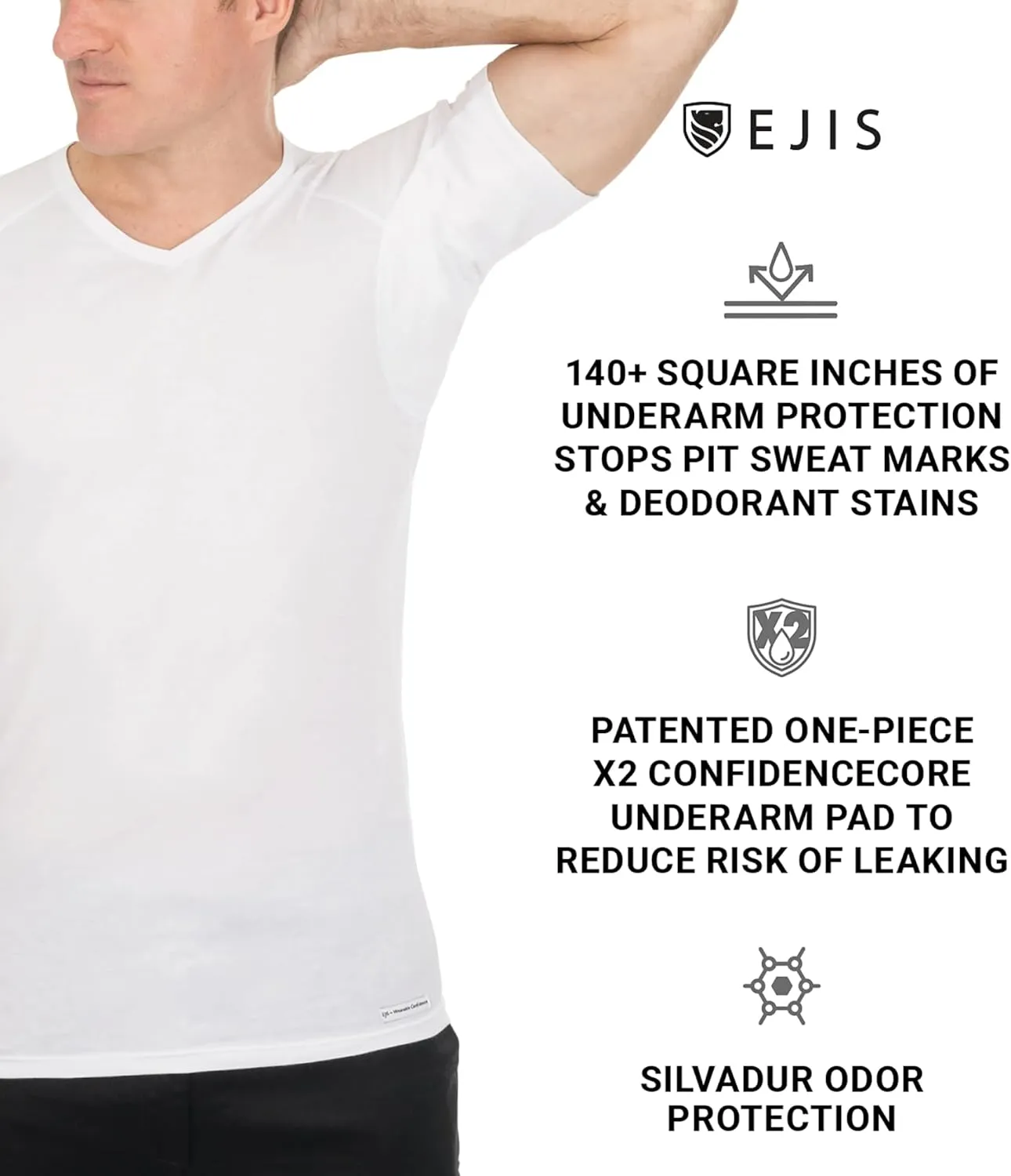 Ejis Sweatproof Undershirt for Men | V-Neck Cotton | Classic Fit T Shirt with Sweat Pads | Odor Resistant | Blocks Sweat