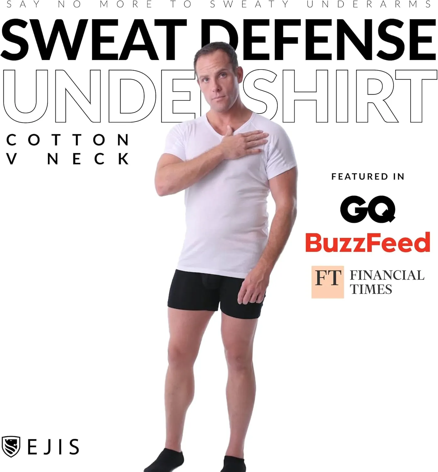 Ejis Sweatproof Undershirt for Men | V-Neck Cotton | Classic Fit T Shirt with Sweat Pads | Odor Resistant | Blocks Sweat