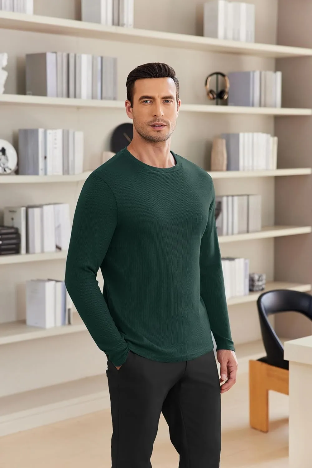 Ekouaer Men's Long Sleeve Shirts Honeycomb Waffle Pullover Sweater Crewneck Thermal Tops Lightweight Undershirts
