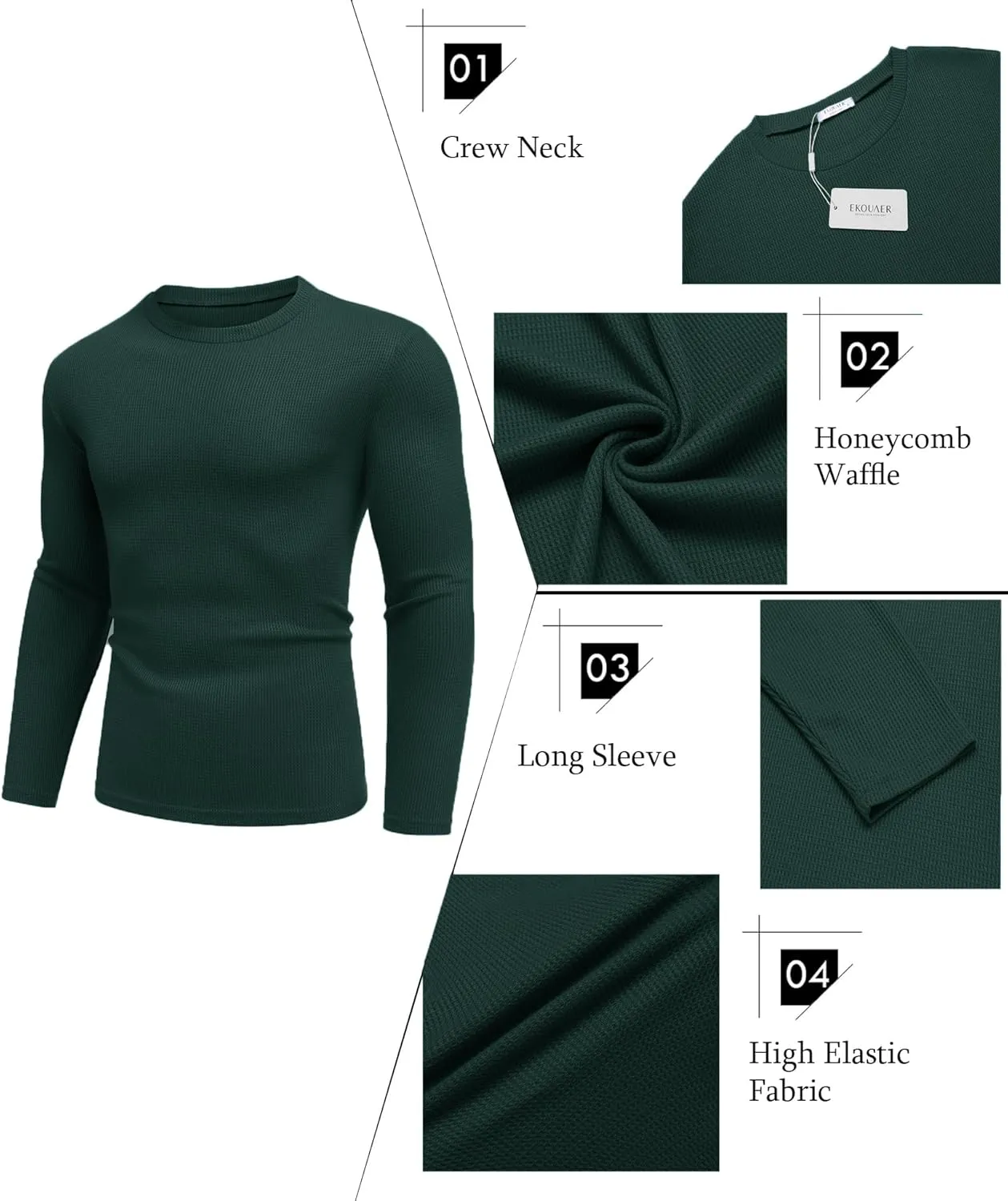 Ekouaer Men's Long Sleeve Shirts Honeycomb Waffle Pullover Sweater Crewneck Thermal Tops Lightweight Undershirts