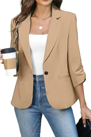 ELLEVEN Women's Ruched 3/4 Sleeve Blazers, Lightweight Slim Fit Jackets with Padded Shoulder for Business Casual