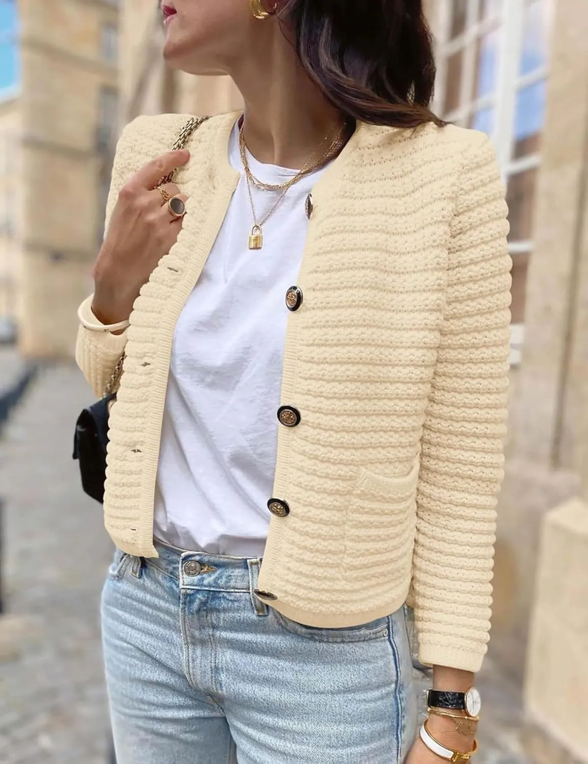 Esmeling Womens Crew Neck Button Knit Cardigan Sweaters Long Sleeve Fall Lightweight Cardigans Outerwear with Pockets