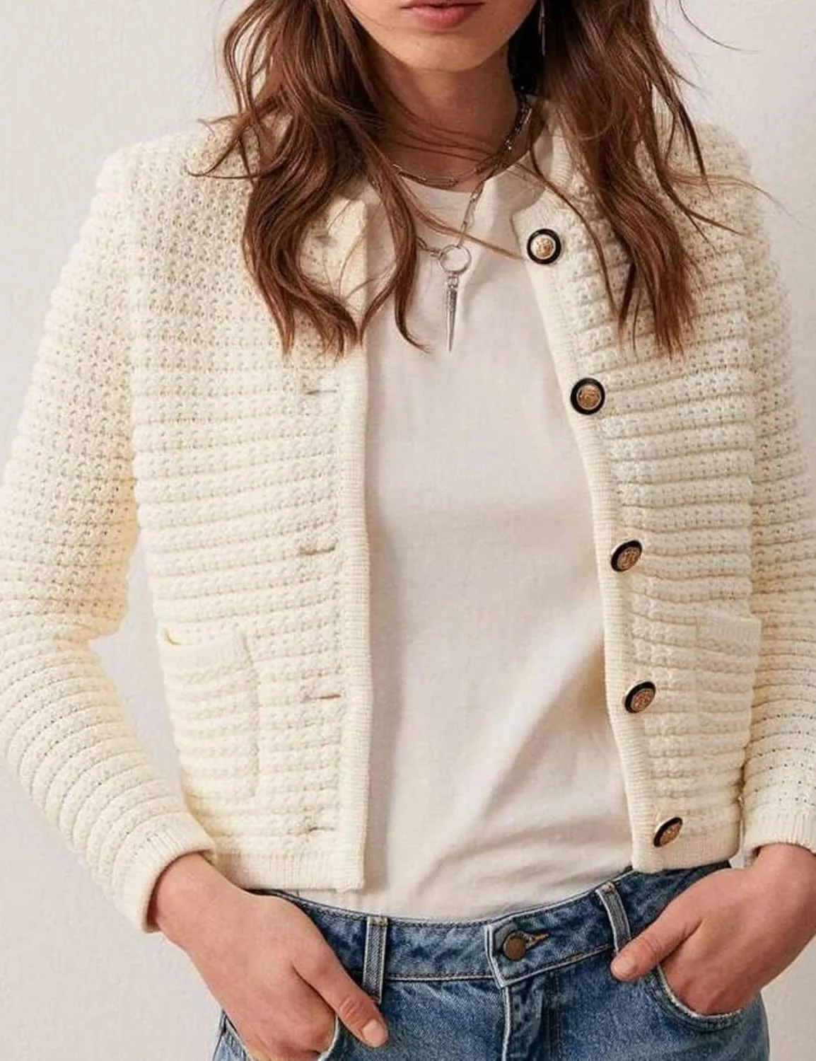 Esmeling Womens Crew Neck Button Knit Cardigan Sweaters Long Sleeve Fall Lightweight Cardigans Outerwear with Pockets