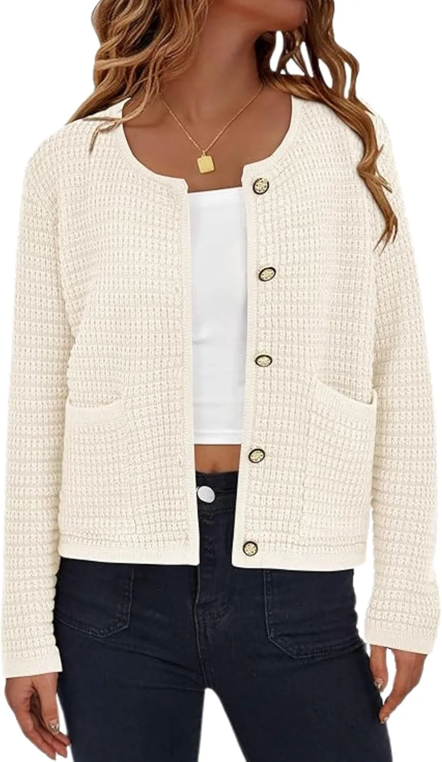 Esmeling Womens Crew Neck Button Knit Cardigan Sweaters Long Sleeve Fall Lightweight Cardigans Outerwear with Pockets