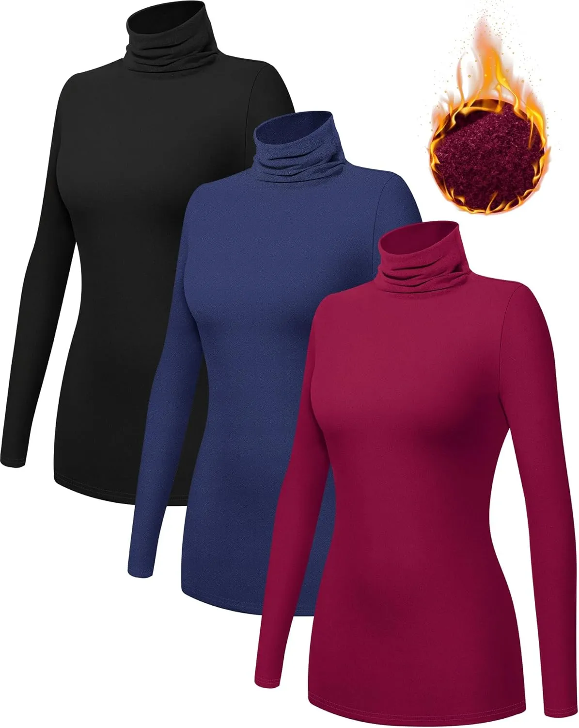 Ficerd 3 Pack Women's Turtleneck Long Sleeve Shirts Thermal Lightweight Base Layer Undershirts Slim Fit Casual Tops