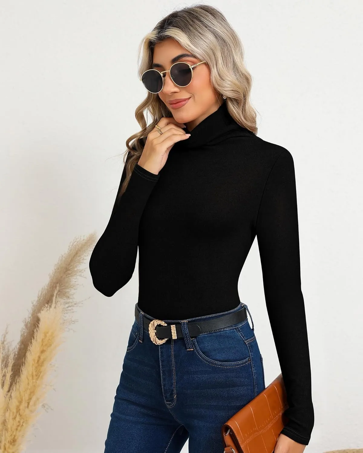 Ficerd 3 Pack Women's Turtleneck Long Sleeve Shirts Thermal Lightweight Base Layer Undershirts Slim Fit Casual Tops