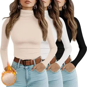 Ficerd 3 Pack Women's Turtleneck Long Sleeve Shirts Thermal Lightweight Base Layer Undershirts Slim Fit Casual Tops