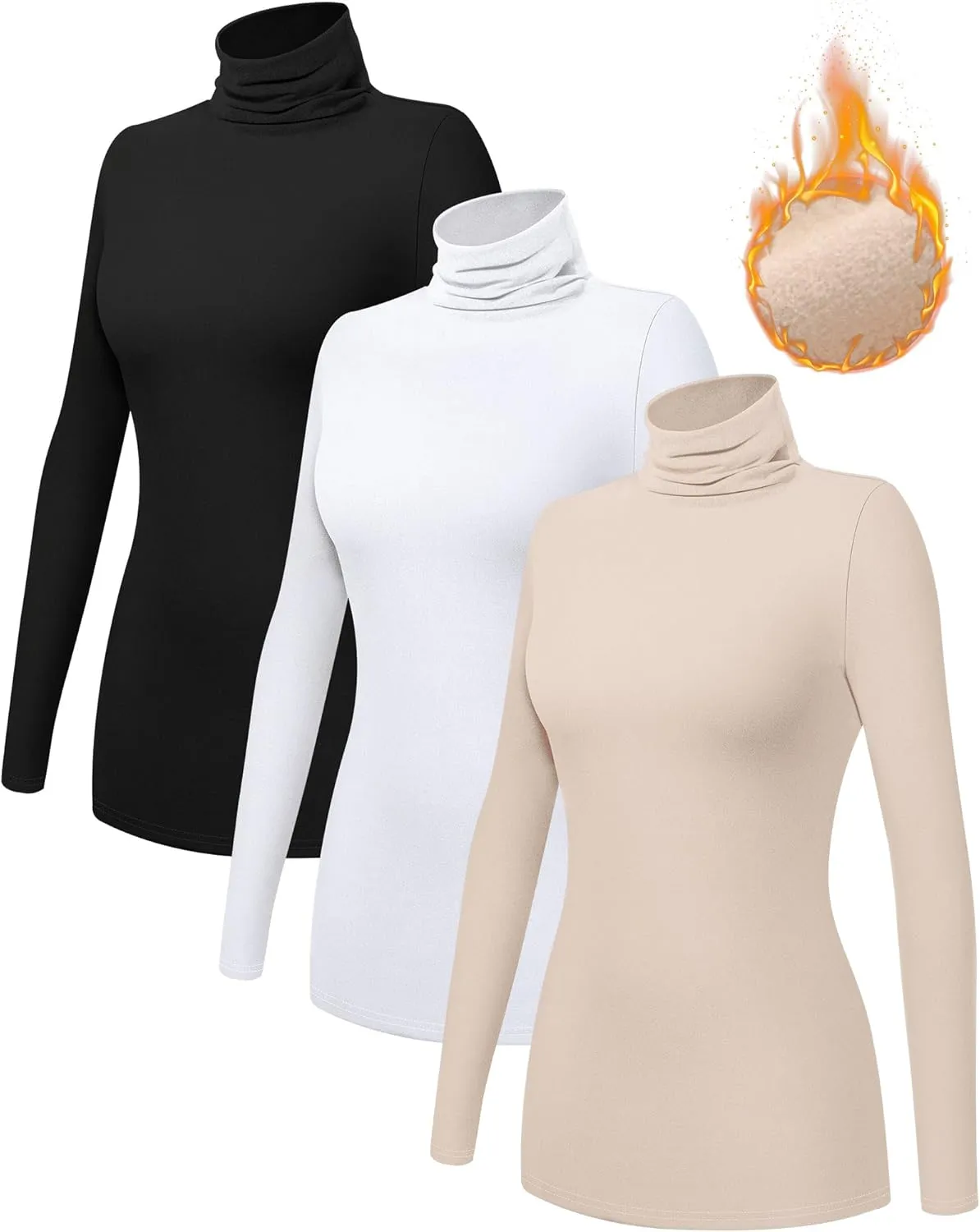 Ficerd 3 Pack Women's Turtleneck Long Sleeve Shirts Thermal Lightweight Base Layer Undershirts Slim Fit Casual Tops