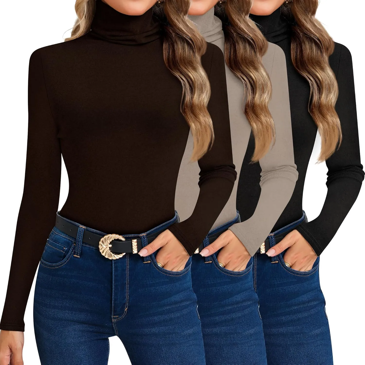 Ficerd 3 Pack Women's Turtleneck Long Sleeve Shirts Thermal Lightweight Base Layer Undershirts Slim Fit Casual Tops