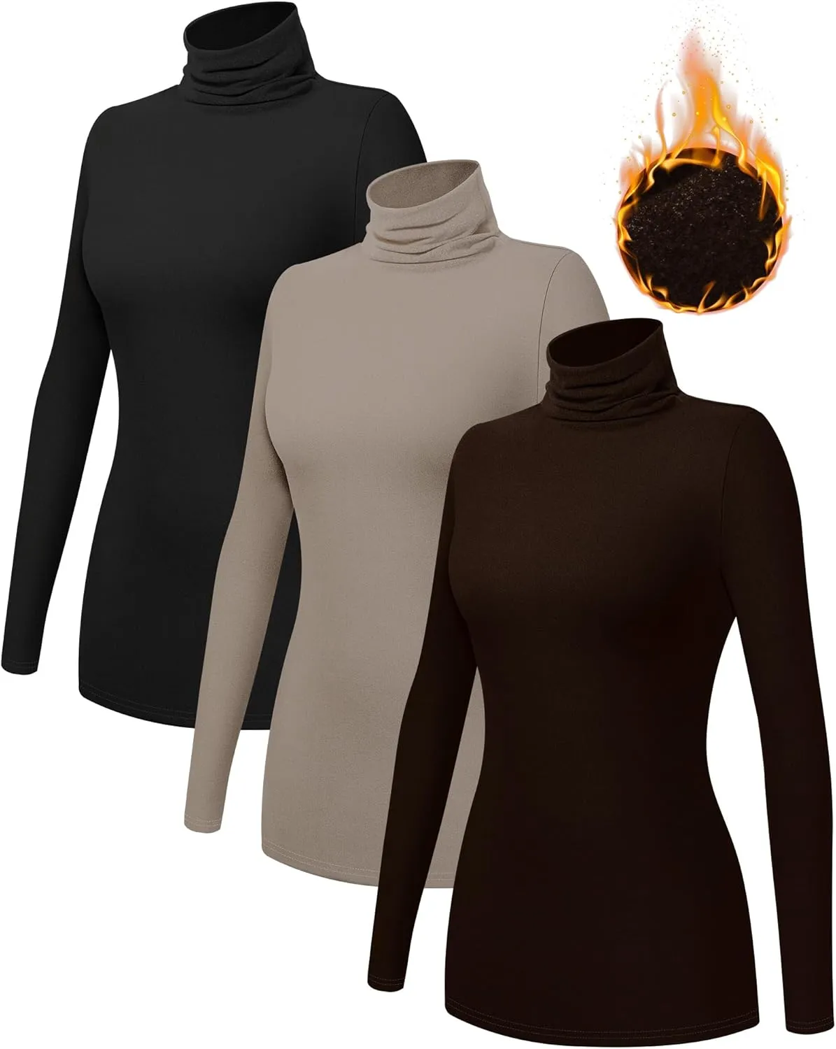 Ficerd 3 Pack Women's Turtleneck Long Sleeve Shirts Thermal Lightweight Base Layer Undershirts Slim Fit Casual Tops