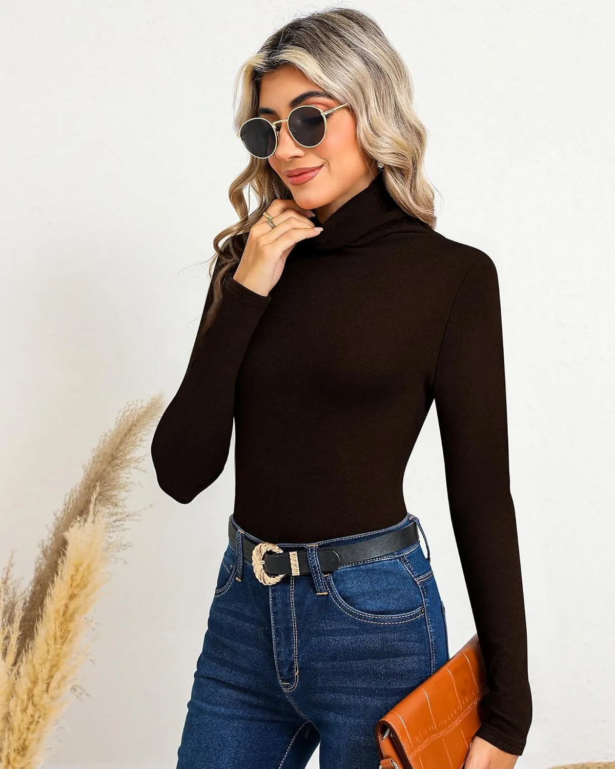 Ficerd 3 Pack Women's Turtleneck Long Sleeve Shirts Thermal Lightweight Base Layer Undershirts Slim Fit Casual Tops