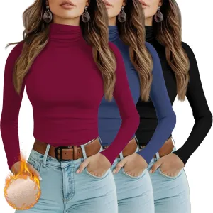 Ficerd 3 Pack Women's Turtleneck Long Sleeve Shirts Thermal Lightweight Base Layer Undershirts Slim Fit Casual Tops