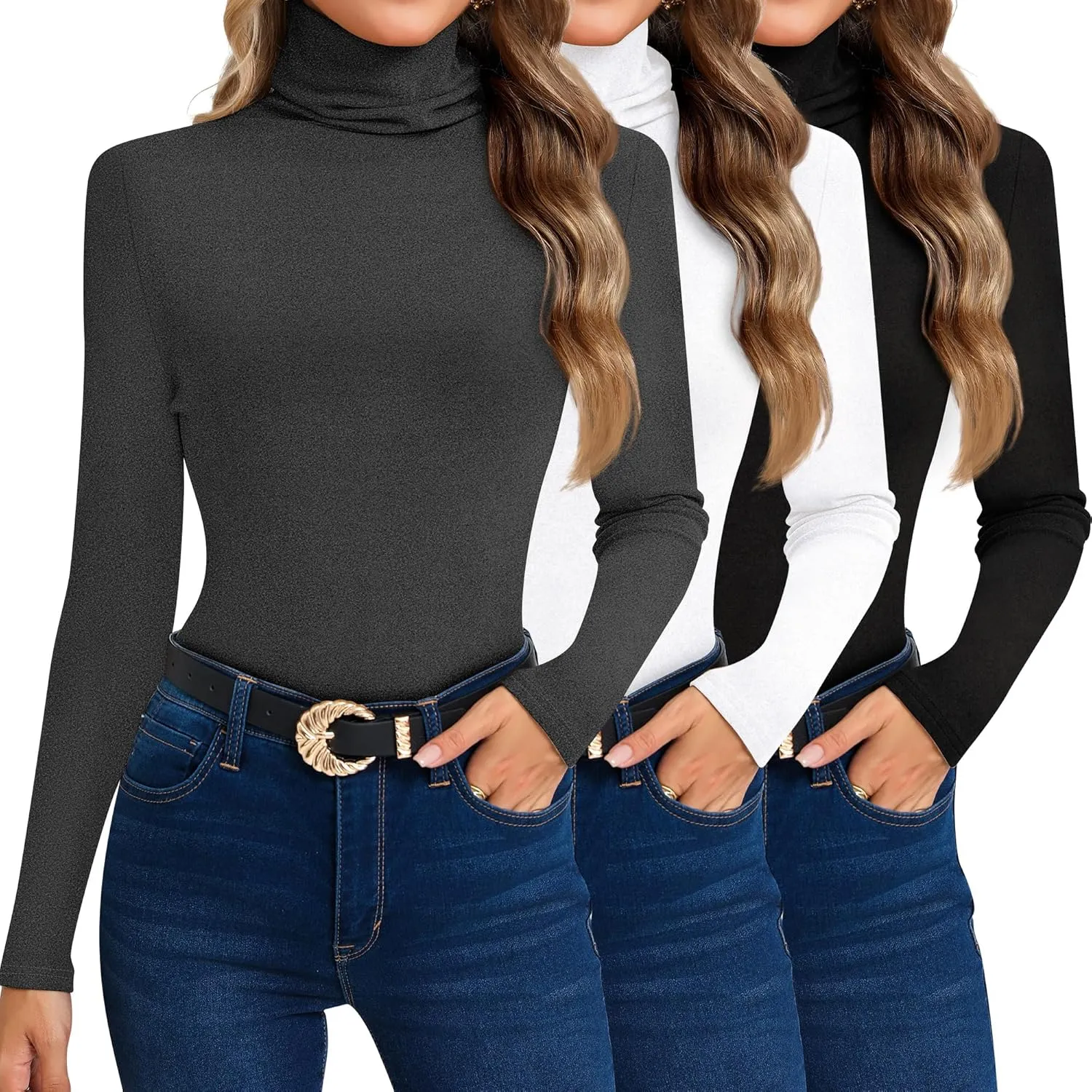 Ficerd 3 Pack Women's Turtleneck Long Sleeve Shirts Thermal Lightweight Base Layer Undershirts Slim Fit Casual Tops
