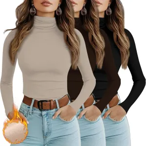 Ficerd 3 Pack Women's Turtleneck Long Sleeve Shirts Thermal Lightweight Base Layer Undershirts Slim Fit Casual Tops