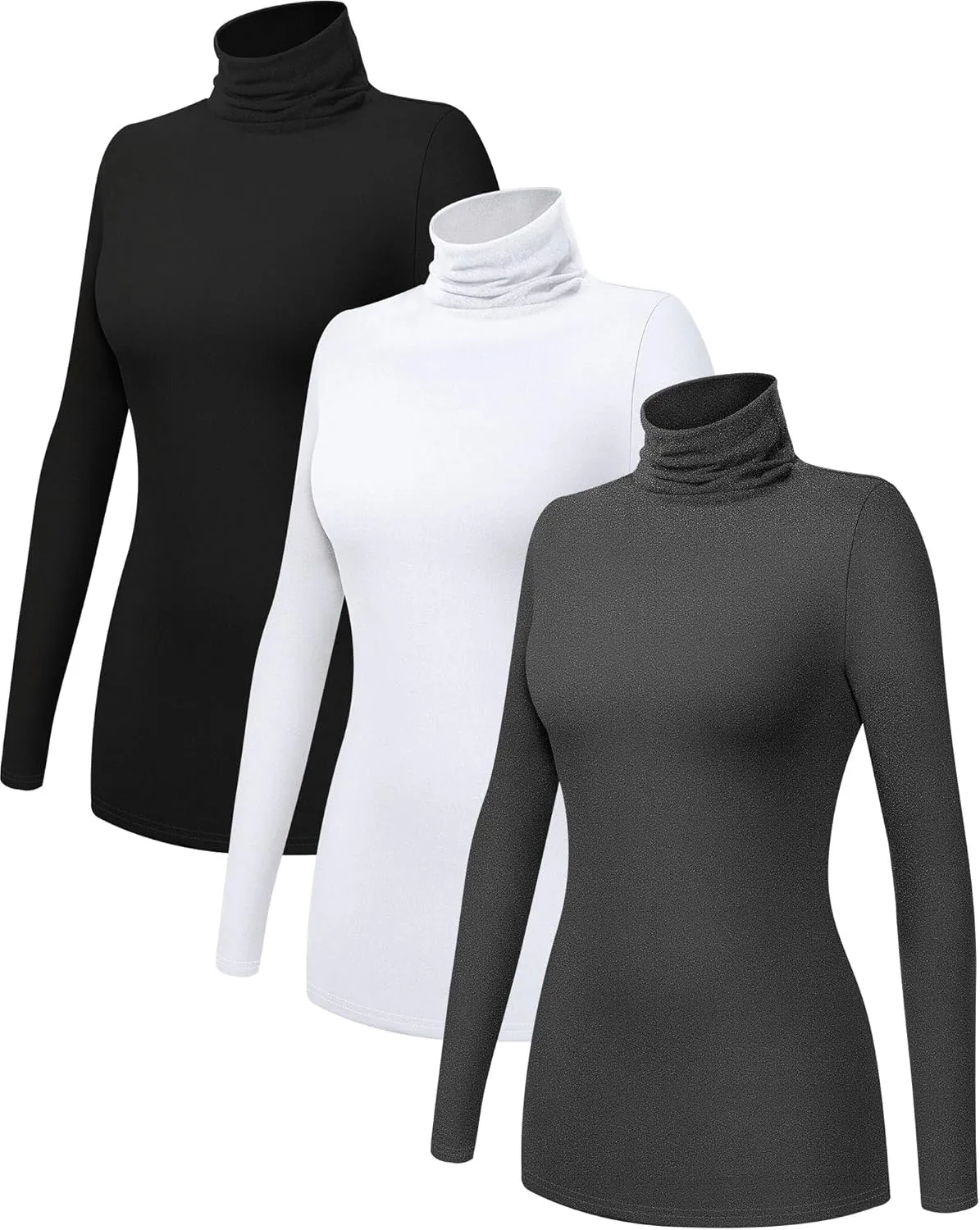 Ficerd 3 Pack Women's Turtleneck Long Sleeve Shirts Thermal Lightweight Base Layer Undershirts Slim Fit Casual Tops