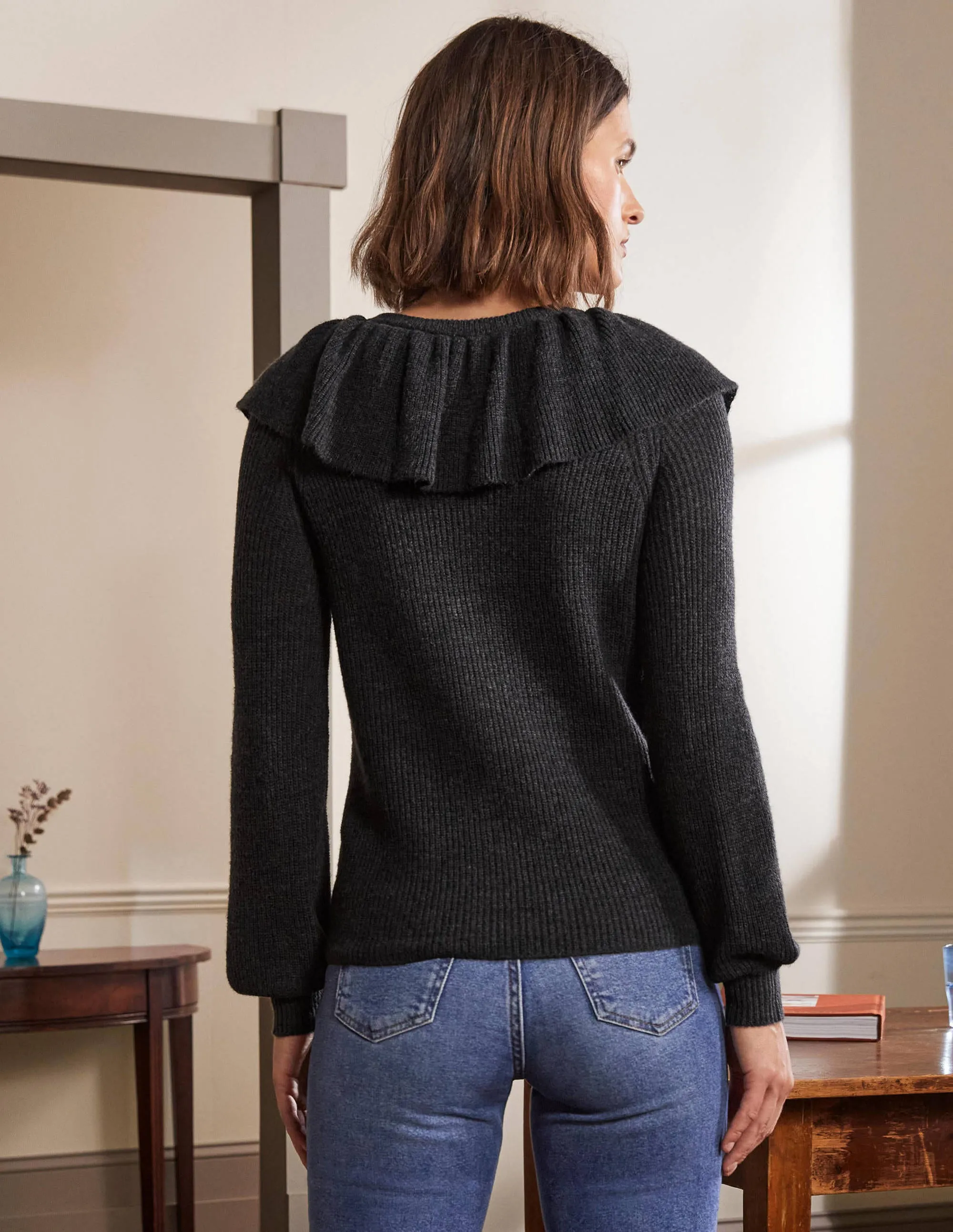 Fluffy Frill Collar Jumper-Charcoal Melange