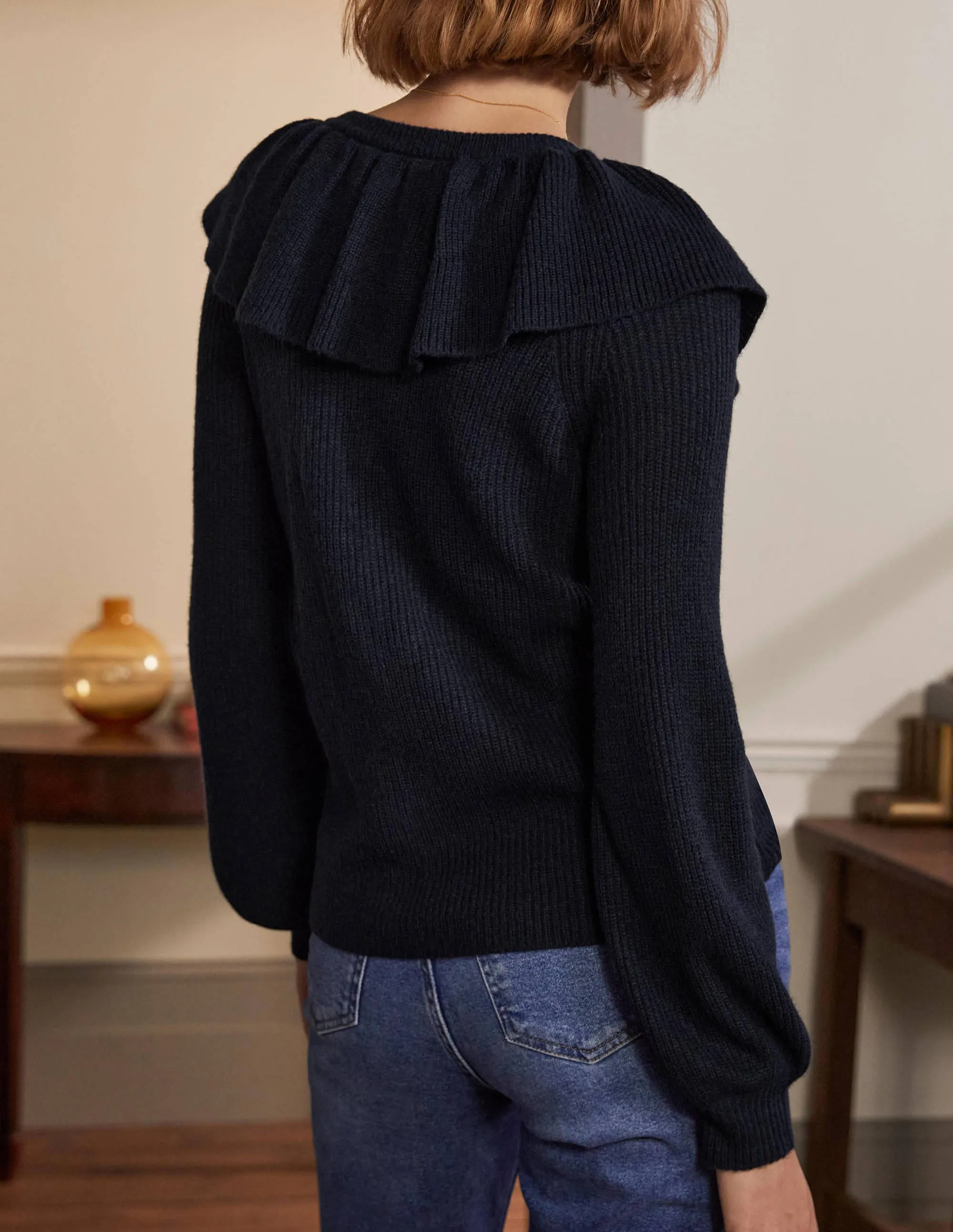 Fluffy Frill Collar Jumper-Navy