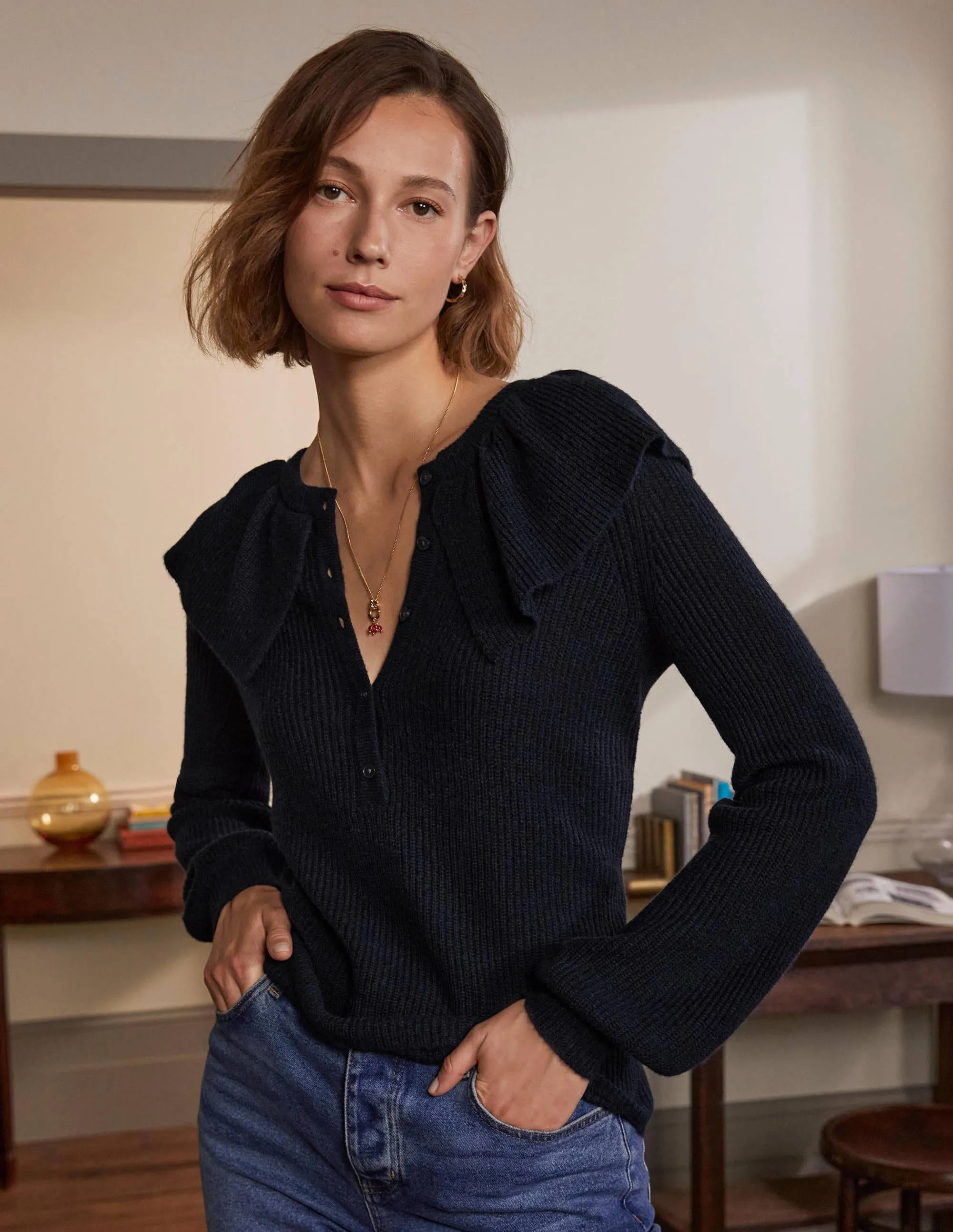 Fluffy Frill Collar Jumper-Navy
