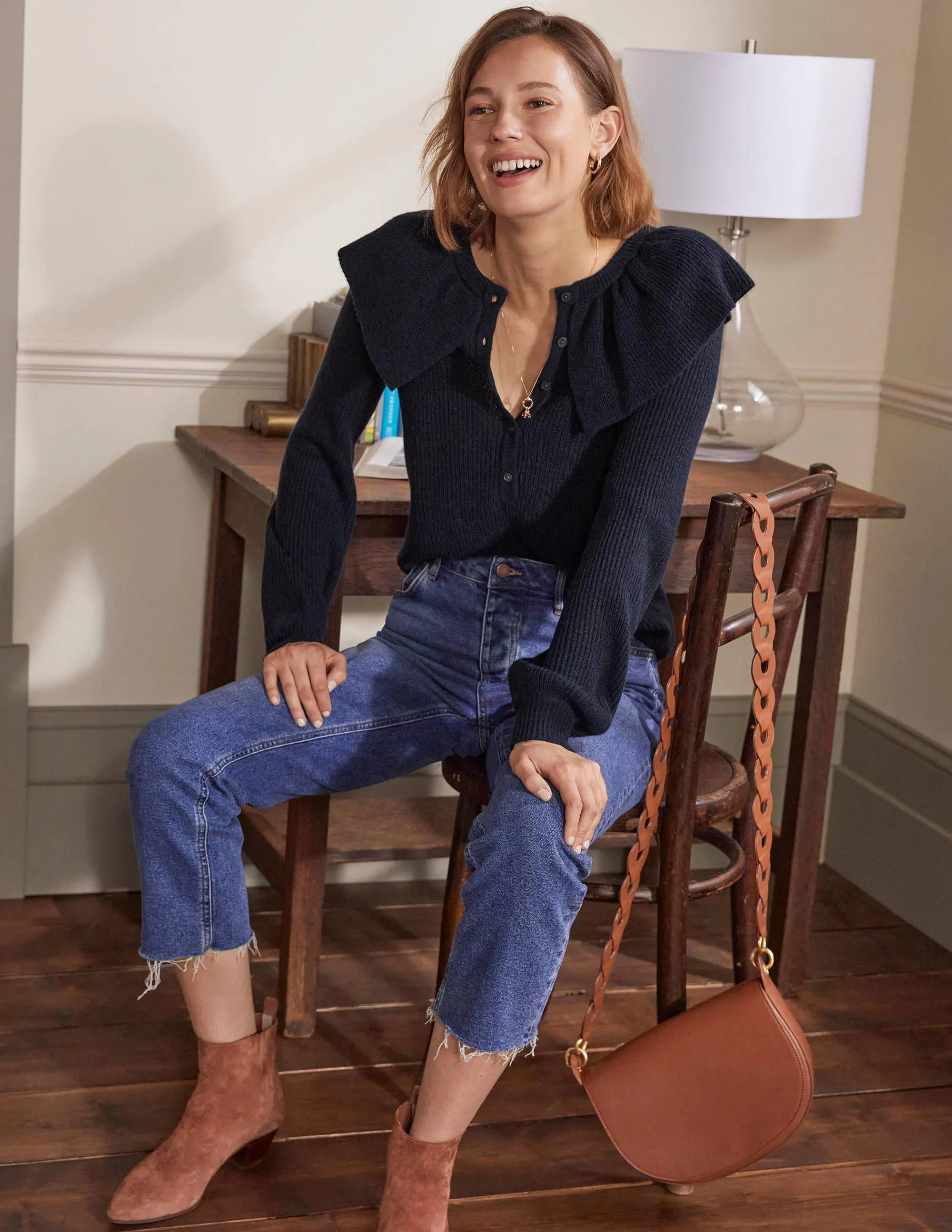 Fluffy Frill Collar Jumper-Navy