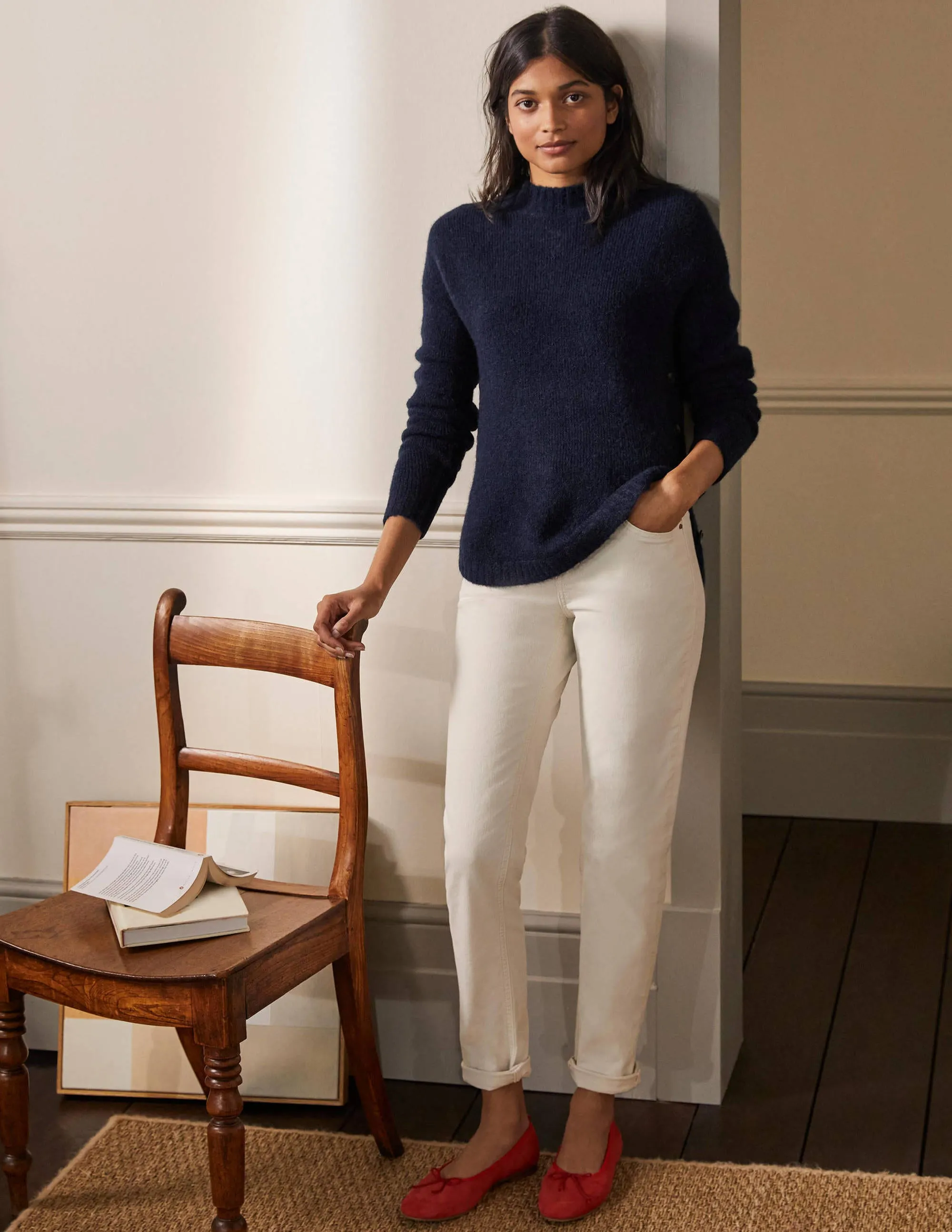 Fluffy Side Button Jumper-Navy