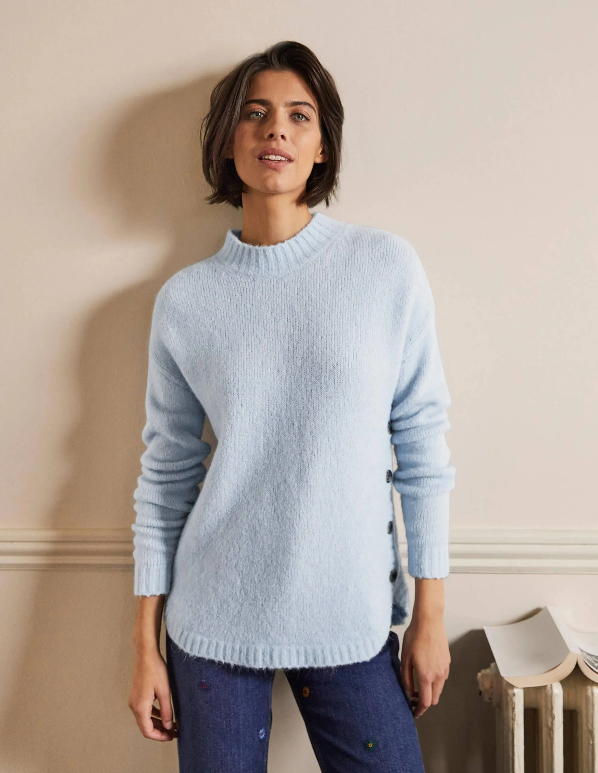 Fluffy Side Button Jumper-Surf