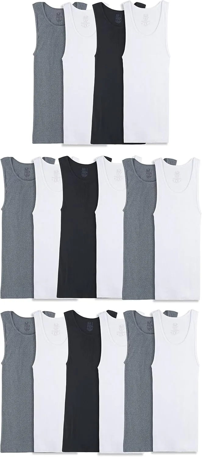 Fruit of the Loom Men's Lightweight Active Cotton Blend Undershirts, Tank - 16 Pack - Black/Grey/White, Medium