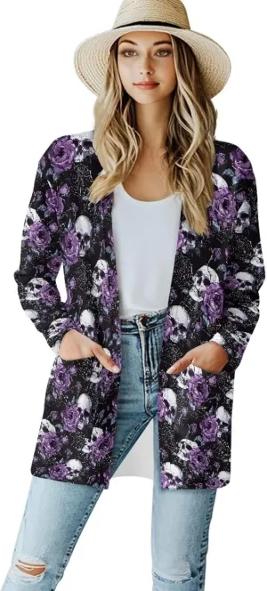 Gothic Skull Women Cardigan Sweaters Casual Open Front Cardigans Soft Draped Long Sleeve Jackets Dusters V-Neck Tops