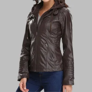 Hooded Faux Leather Motorcycle Jacket