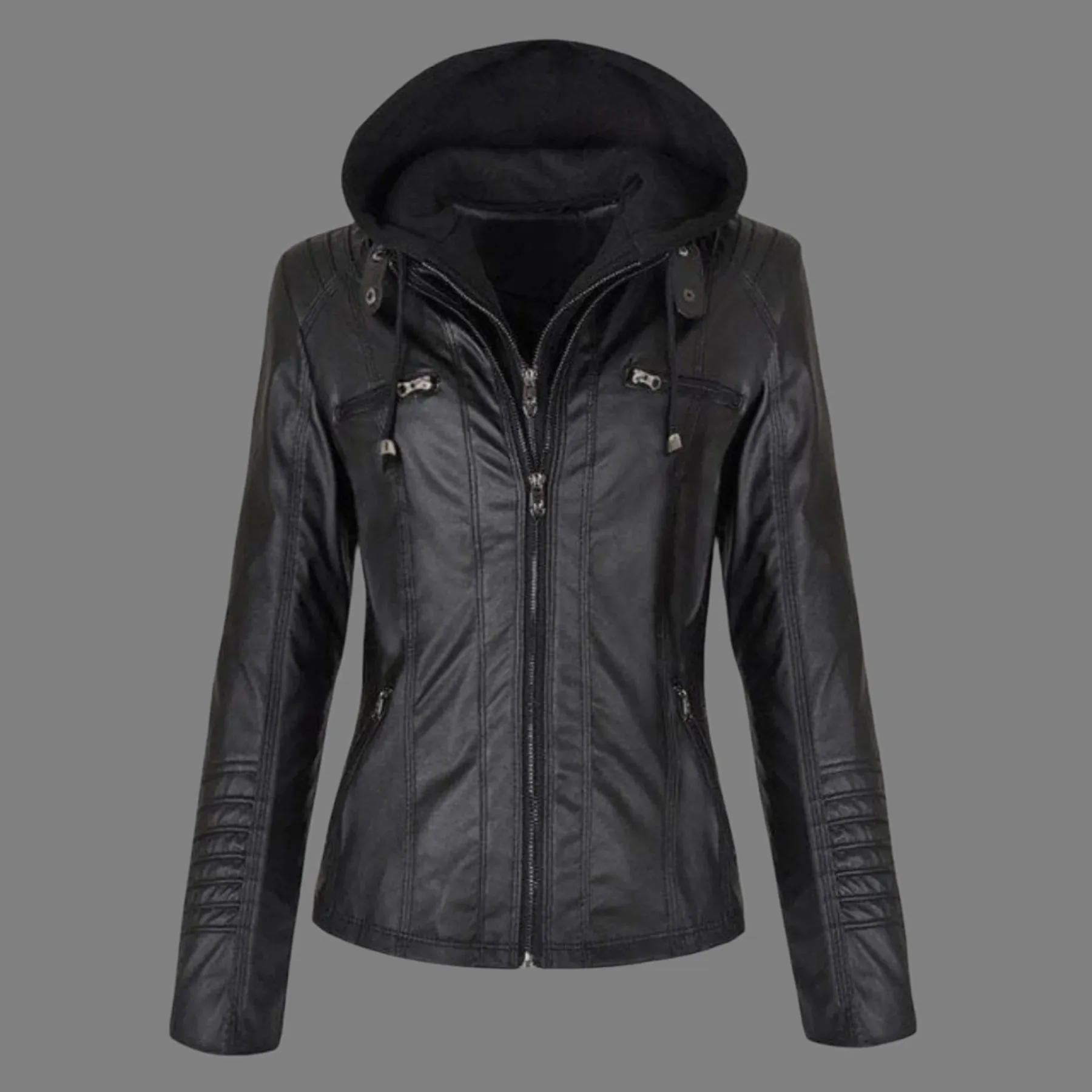 Hooded Faux Leather Motorcycle Jacket