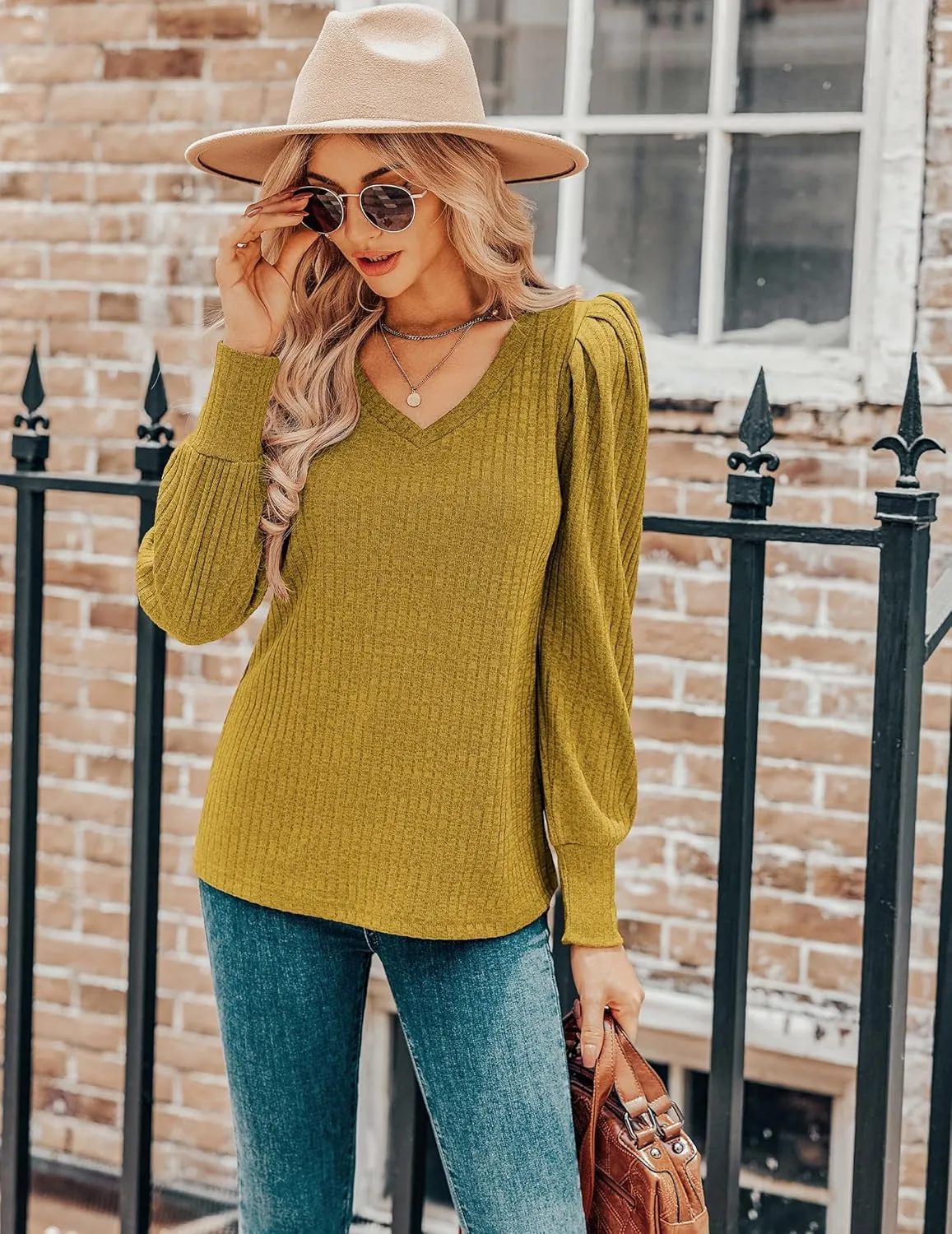HOTOUCH Women's Knit Shirt Soft Puff Long Sleeve Blouse Tops Lightweight V Neck Tunic XS-XXL