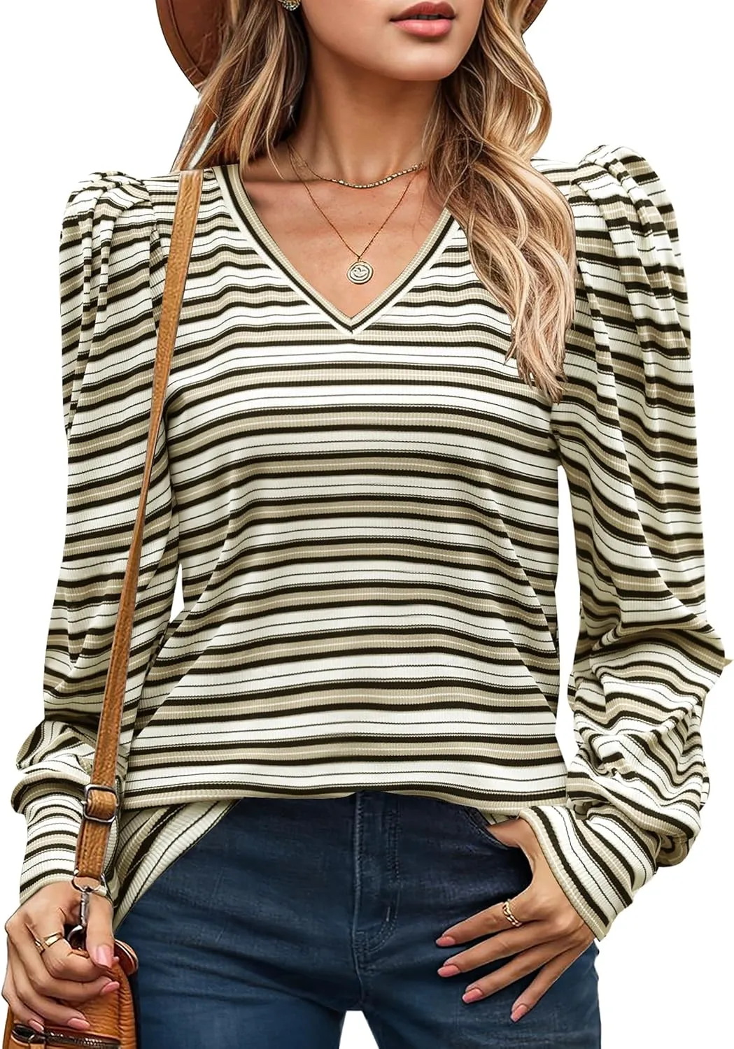 HOTOUCH Women's Knit Shirt Soft Puff Long Sleeve Blouse Tops Lightweight V Neck Tunic XS-XXL