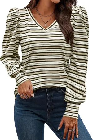 HOTOUCH Women's Knit Shirt Soft Puff Long Sleeve Blouse Tops Lightweight V Neck Tunic XS-XXL