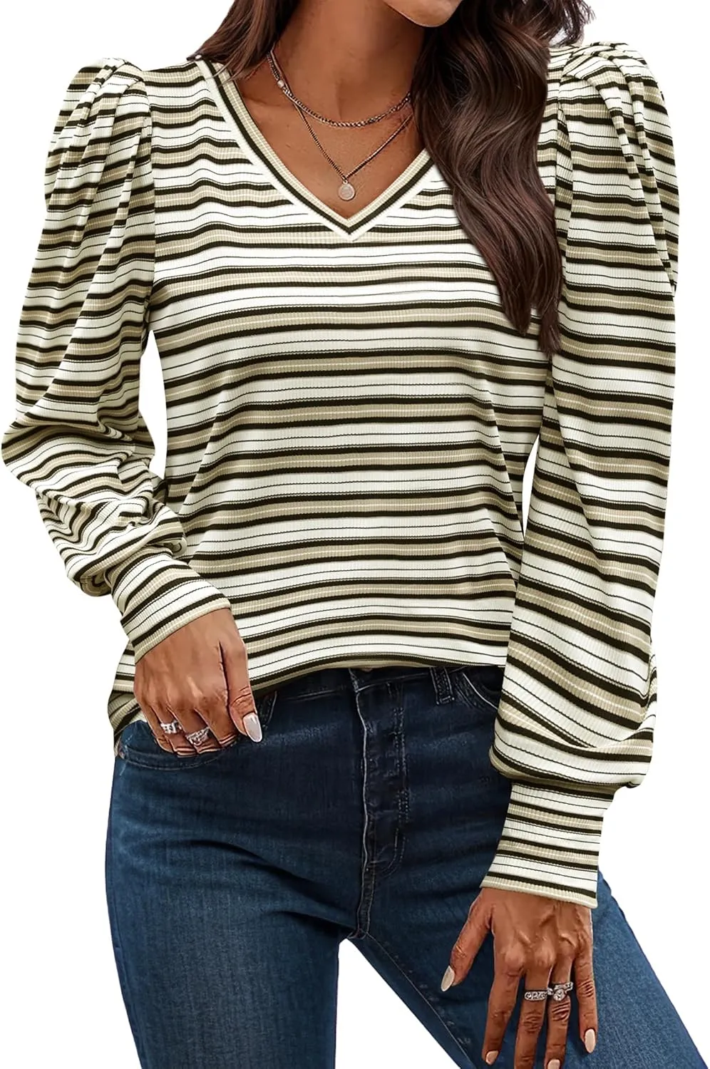 HOTOUCH Women's Knit Shirt Soft Puff Long Sleeve Blouse Tops Lightweight V Neck Tunic XS-XXL