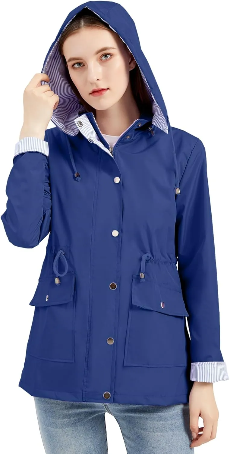 IFFEI Women's Rain Jacket Lightweight Waterproof Rain Coat Outdoor Hooded Windbreaker with Pockets
