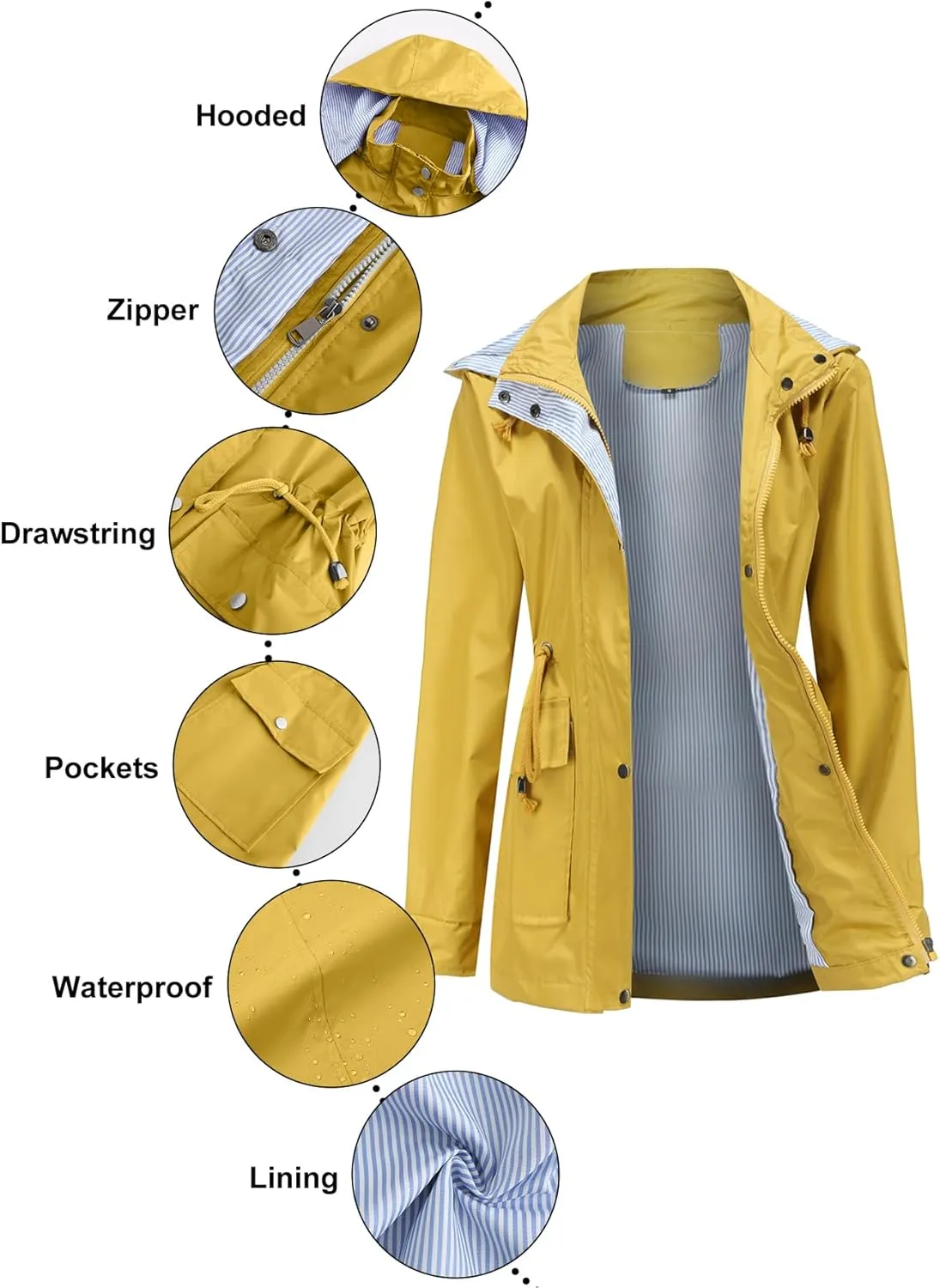 IFFEI Women's Rain Jacket Lightweight Waterproof Rain Coat Outdoor Hooded Windbreaker with Pockets