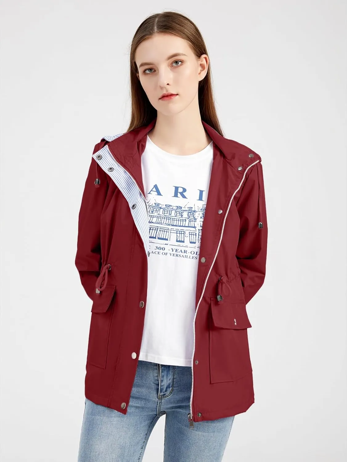 IFFEI Women's Rain Jacket Lightweight Waterproof Rain Coat Outdoor Hooded Windbreaker with Pockets