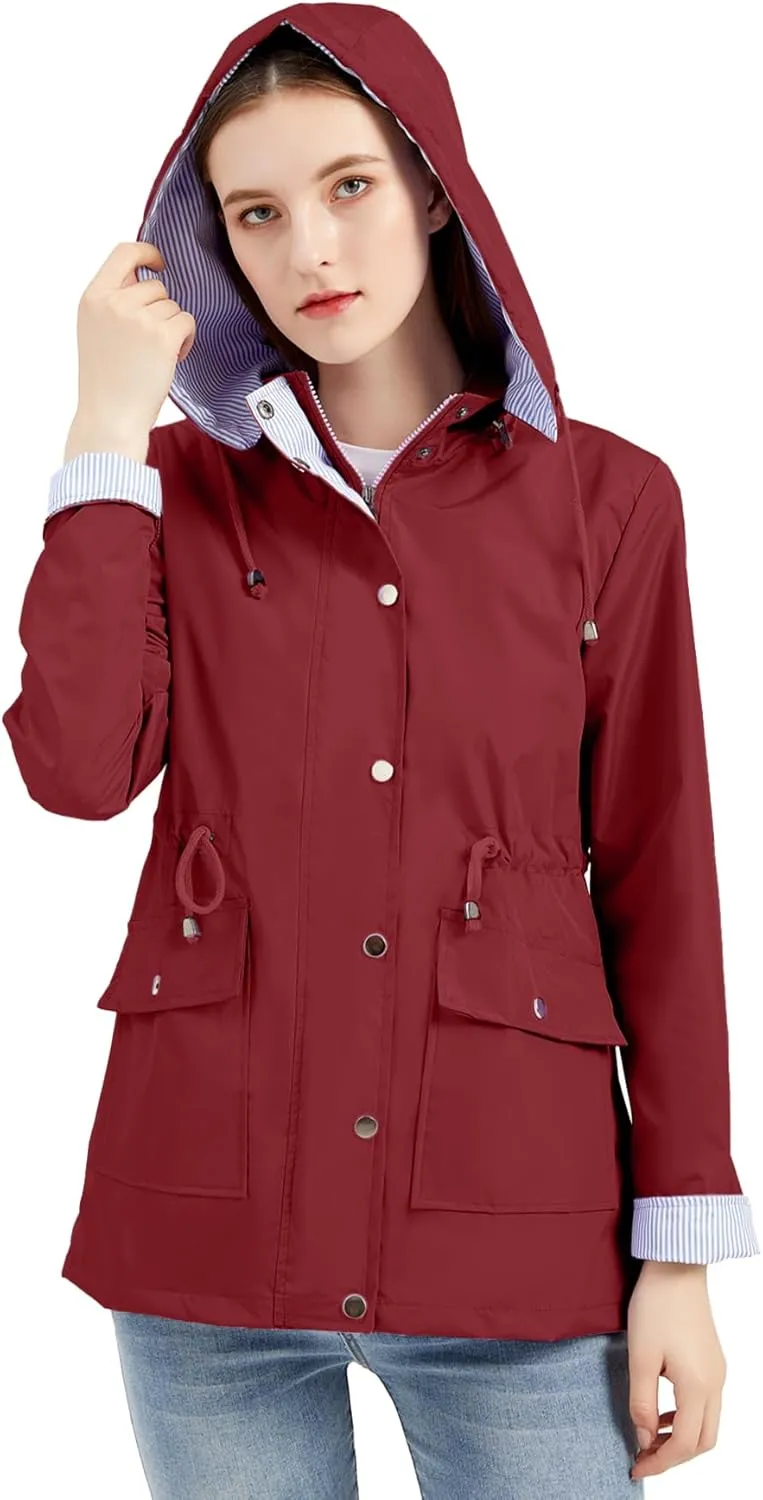 IFFEI Women's Rain Jacket Lightweight Waterproof Rain Coat Outdoor Hooded Windbreaker with Pockets