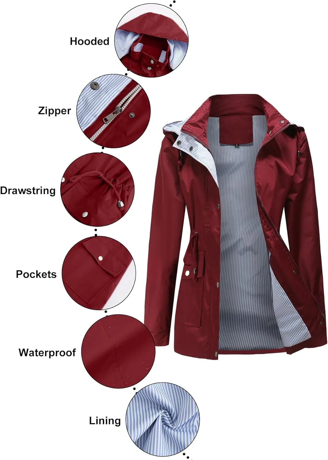 IFFEI Women's Rain Jacket Lightweight Waterproof Rain Coat Outdoor Hooded Windbreaker with Pockets