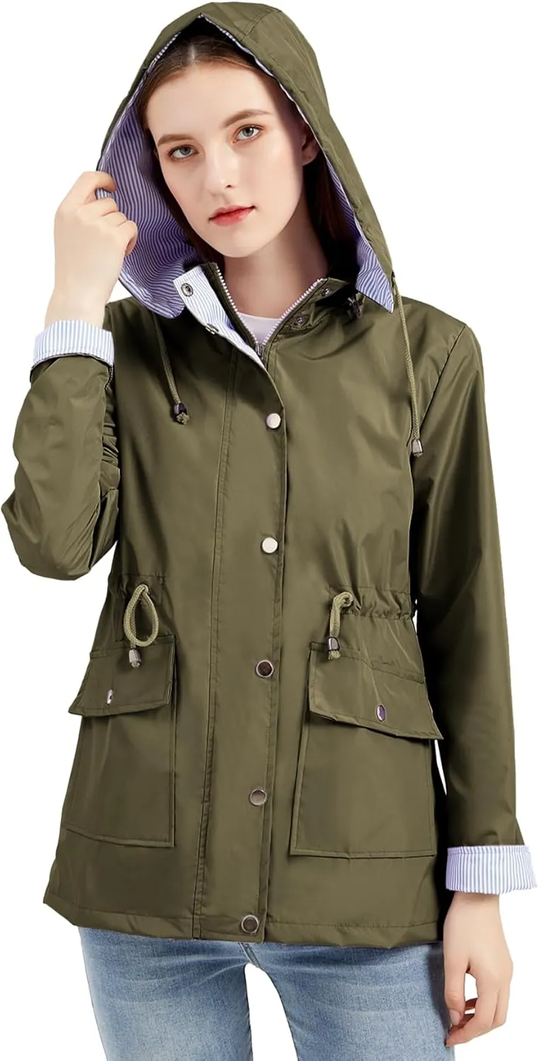 IFFEI Women's Rain Jacket Lightweight Waterproof Rain Coat Outdoor Hooded Windbreaker with Pockets