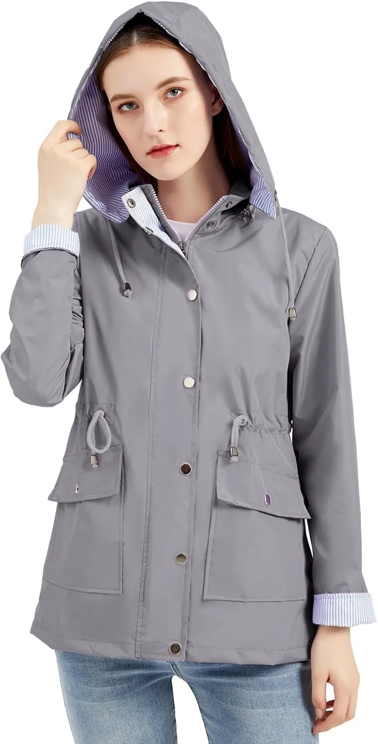 IFFEI Women's Rain Jacket Lightweight Waterproof Rain Coat Outdoor Hooded Windbreaker with Pockets