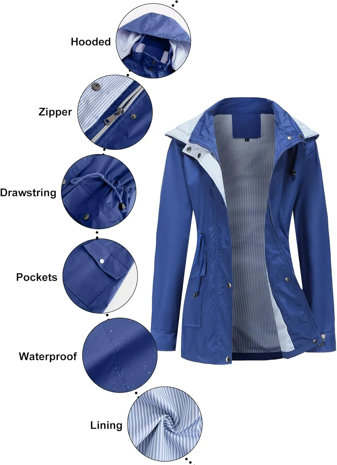 IFFEI Women's Rain Jacket Lightweight Waterproof Rain Coat Outdoor Hooded Windbreaker with Pockets
