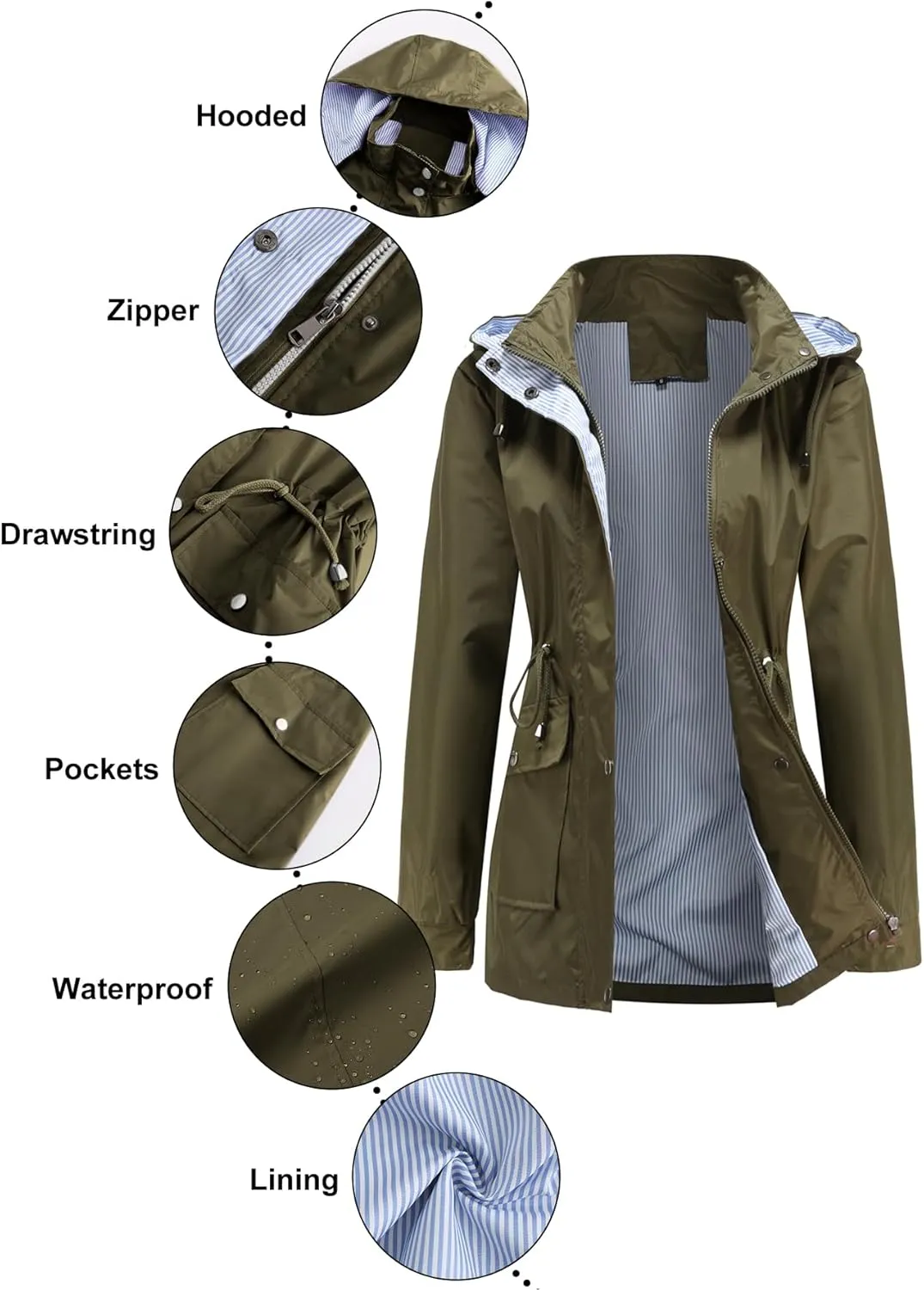IFFEI Women's Rain Jacket Lightweight Waterproof Rain Coat Outdoor Hooded Windbreaker with Pockets