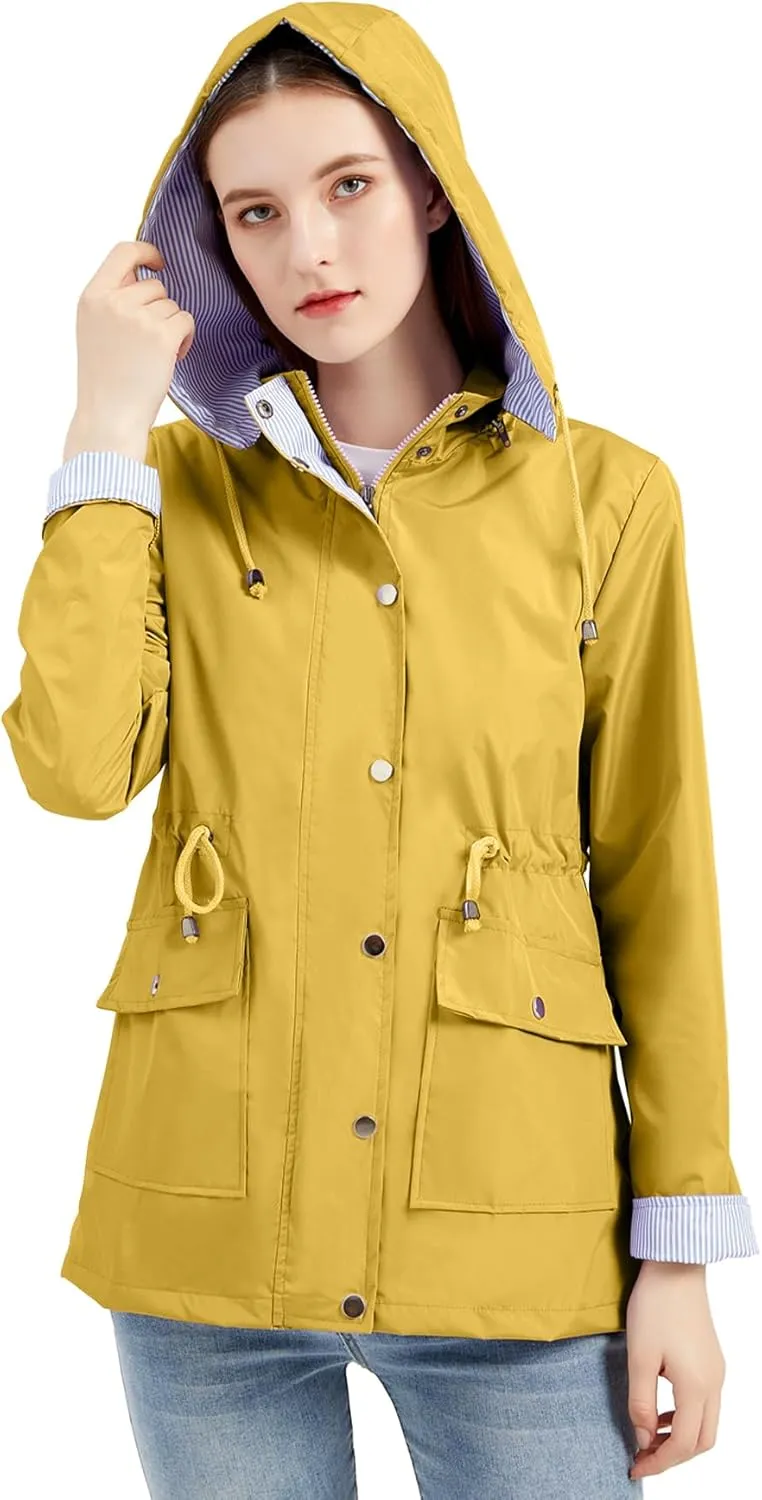 IFFEI Women's Rain Jacket Lightweight Waterproof Rain Coat Outdoor Hooded Windbreaker with Pockets