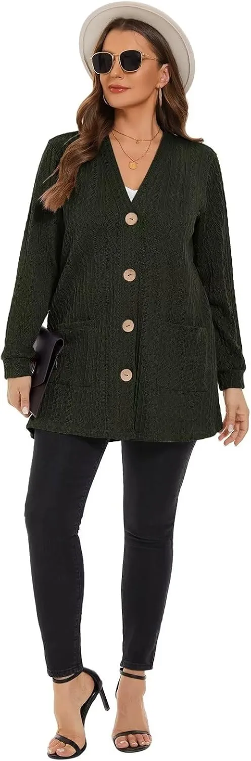 LARACE Open Front Cardigan for Women Cable Knit Sweater with Pockets Plus Size Long Sleeve Tops Button Down Winter Coat
