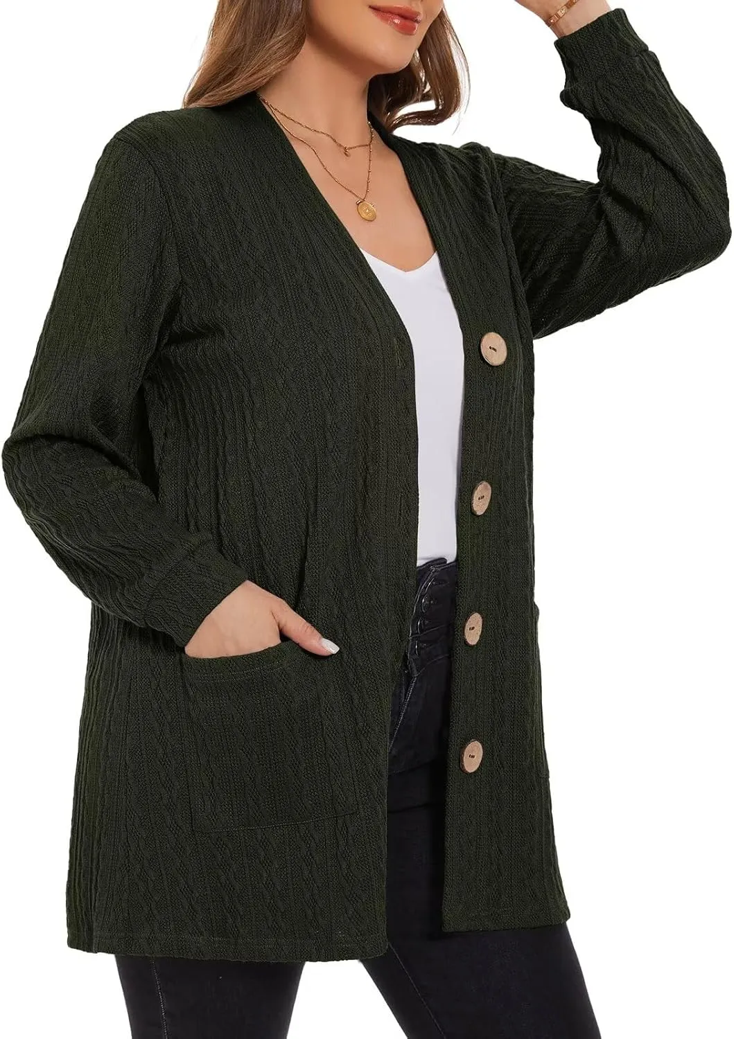LARACE Open Front Cardigan for Women Cable Knit Sweater with Pockets Plus Size Long Sleeve Tops Button Down Winter Coat