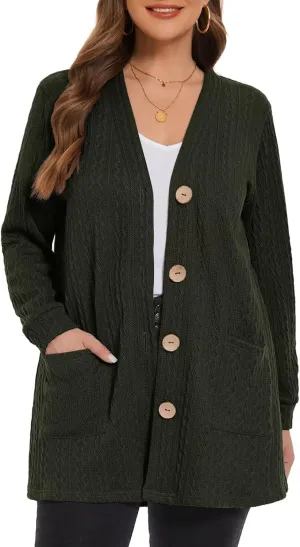 LARACE Open Front Cardigan for Women Cable Knit Sweater with Pockets Plus Size Long Sleeve Tops Button Down Winter Coat