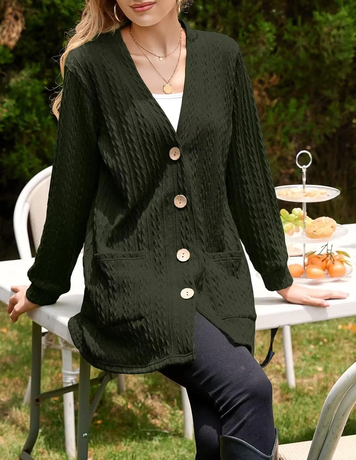 LARACE Open Front Cardigan for Women Cable Knit Sweater with Pockets Plus Size Long Sleeve Tops Button Down Winter Coat