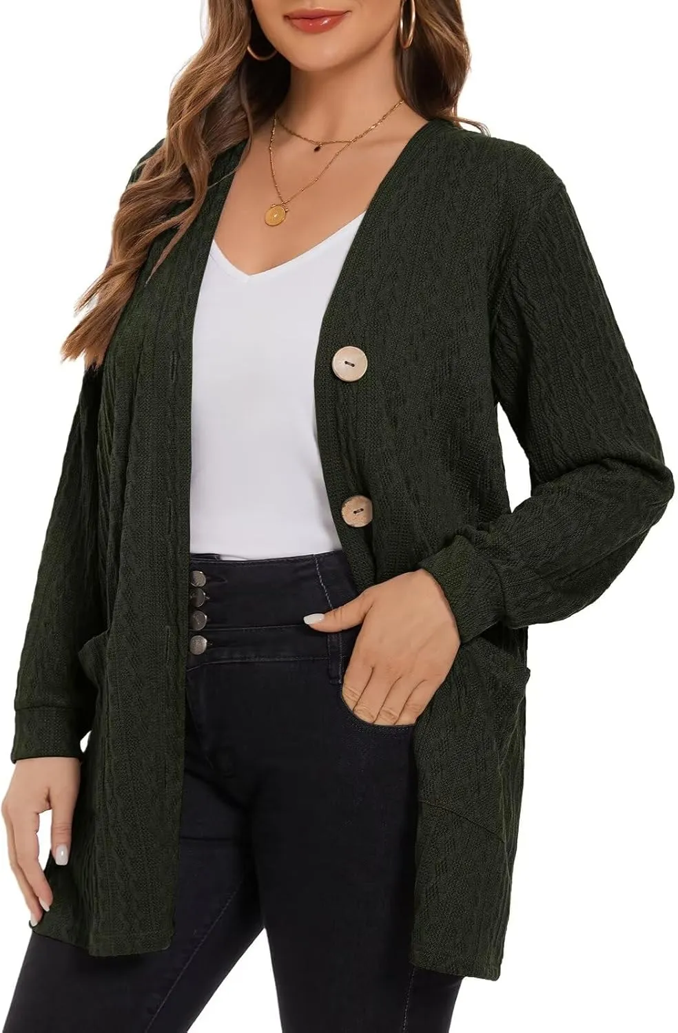 LARACE Open Front Cardigan for Women Cable Knit Sweater with Pockets Plus Size Long Sleeve Tops Button Down Winter Coat