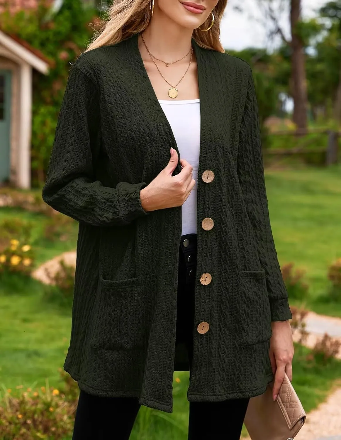 LARACE Open Front Cardigan for Women Cable Knit Sweater with Pockets Plus Size Long Sleeve Tops Button Down Winter Coat